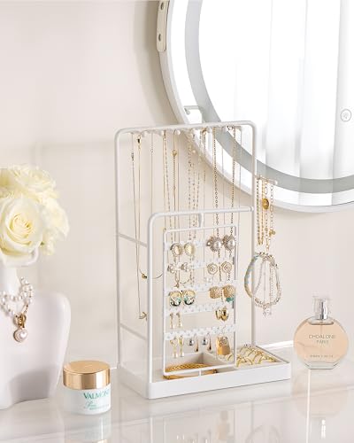 ProCase Jewelry Stand Holder Organizer, Jewelry Display Storage with Ring Tray, Rotating Earring Bracelet Necklace Holder, Valentine's Gifts Room Dorm Decor for Teen Girls -White (No-Assembly) - color: White