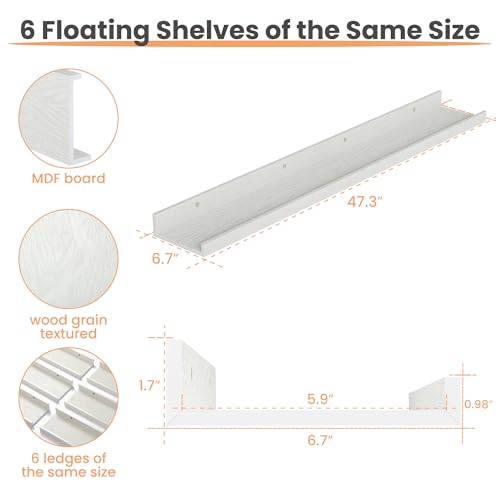 upsimples Floating Shelves for Wall, 47.3 Inch Shelves for Decor Storage Set of 6, Wall Mounted Wood Shelf for Bedroom, Living Room, Bathroom, Kitchen, Long Picture Ledge Shelves, White - color: White, size: 47.3in