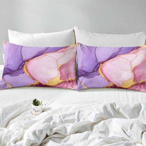 Marble Sheet Set - Pink Purple Gold Bed Sheets,Soft Modern Marble Texture Pattern Sheets, Twin Size 3-Piece Girly Bedding Sheets & Pillowcase Sets (1 Fitted Sheet,1 Top Sheet,1 Pillowcase) - color: Multi 01, size: Twin