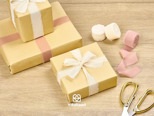 Vitalizart Pink & White Chiffon Silk Ribbon 1" x 21 Yd Fringe Fabric Package (3 Rolls * 7 Yd) for Wedding Invitations Bridal Bouquets Decorations Gifts Wrapping & Bow Making - color: Pink & White