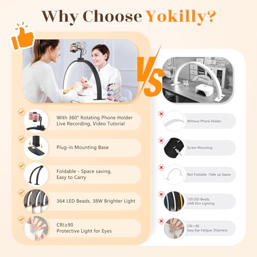 Yokilly Half Moon Light for Nail Desk: 29" Foldable Half Moon Nail Desk Lamp with Phone Holder for Beginner - Arch Tech Light with 3 Color Modes & 10 Brightness for Manicure Salon (Black, Large) - color: Black, size: Large