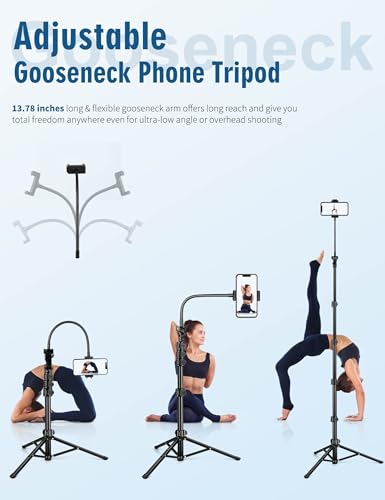 Nineigh Phone Tripod, 85" Tripod for Cell Phone iPhone with Gooseneck, Aluminum Tripods Stand for Video Recording Photo Vlog, Travel Cellphone Tripod with Remote Compatible with iPhone Android - size: 85 Inch