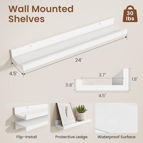 Heimlove Picture Ledge Shelf,24 inch Long Floating Shelves for Wall Set of 2,White Picture Shelf with Lip for Wall Decor,Living Room,Bedroom,Bookshelf,Nursery,Perfume - color: White, size: 24'', Set of 2