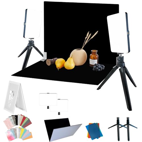 14PCS Black Velvet Flocked Product Photography Backdrops Board with 2PCS LED Lighting Kit Anti-Glare Photo Backdrop for Small Product Food Jewelry Cosmetic. (16x11.5in)