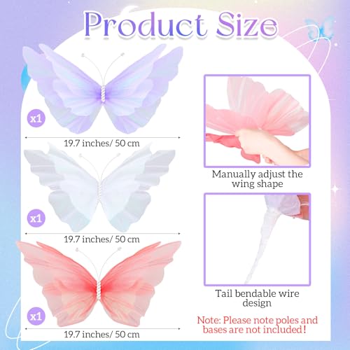 Havawish 3 Pcs 19.7in Giant Butterfly Decoration for Wedding Party Reception, Artificial Gauze Large Butterfly Prop for Banquet Ceremony Church, White Pink and Purple - color: White, Pink and Purple, size: Butterfly