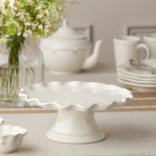 Heritage Scroll Footed Cake Plate – Elegant 11.5" x 4.75" Ivory Stoneware Pedestal Stand with Sculpted Rim – Display Cakes, Cupcakes, Pies & Pastries in Timeless Style