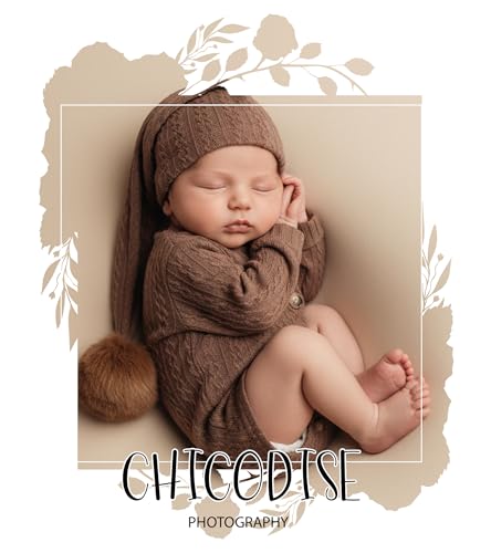 Newborn Photography Props, Infant Photoshoot Outfit Romper & Pom Pom Hat for Baby Boys Girls - color: Coffee