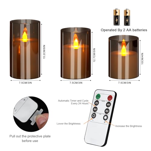 wemarry Flameless Candles 4" 5" 6" Acrylic Glass Pillars 3" Diameter Battery Operated Flickering Candles Include 8-Key Remote with Timer Function 400+ Hours (Gray, Warm Light 3 Pack) - color: Gray, size: Warm Light 3 Pack