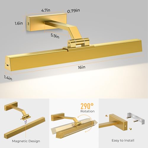 Afyuol Picture Lights for Wall, Battery Operated Picture Light 16in Art Light CCT Dimmable Recharging Battery Wall Light with Remote Control for Living Room Gallery Gold 2PCS - color: Gold, size: 2PCS16in
