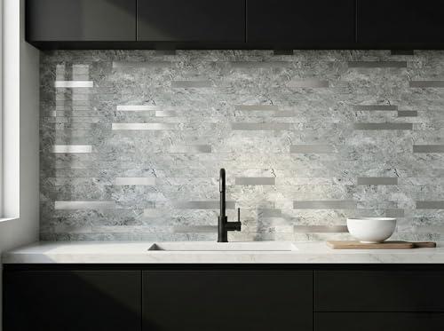 Yipscazo 10 Sheets Peel and Stick Stone Metal Tile Backsplash, Stick on Tiles for Backsplash Kitchen, Bathroom, Laundry Room, Camper, Fireplace (12'' X 12'', Polished Gray) - color: Polished Gray