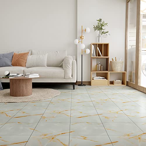 VEELIKE Peel and Stick Floor Tile Cracked Gold Marble Vinyl Floor Tiles 24 Pack Stick on Tile Flooring Waterproof Self Adhesive Marble Vinyl Floor Tile Stickers for Bathroom Bedroom Kitchen 12''x12'' - color: Gold, size: Box of 24 Tiles