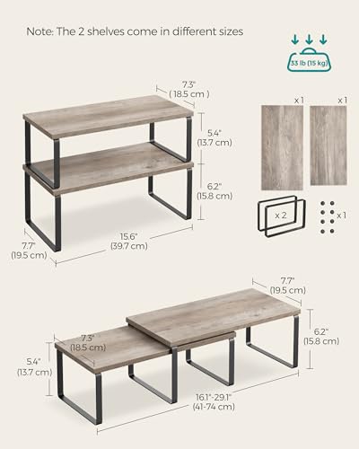 SONGMICS Cabinet Organizer Shelf, Set of 2 Kitchen Counter Shelves, Kitchen Storage, Spice Rack, Stackable, Expandable, Metal and Engineered Wood, Ink Black and Heather Greige UKCS200X02 - color: Ink Black + Heather Greige, size: 15.6"W