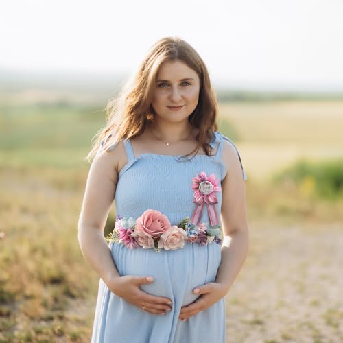 Baby Shower Sash Decorations Mom to Be Corsage Gift Dad to Be Pin 3Pack Set Pink Flower Belt for Maternity Dress - Gender Reveal Pregnancy Photo Props - color: Lavender Pink