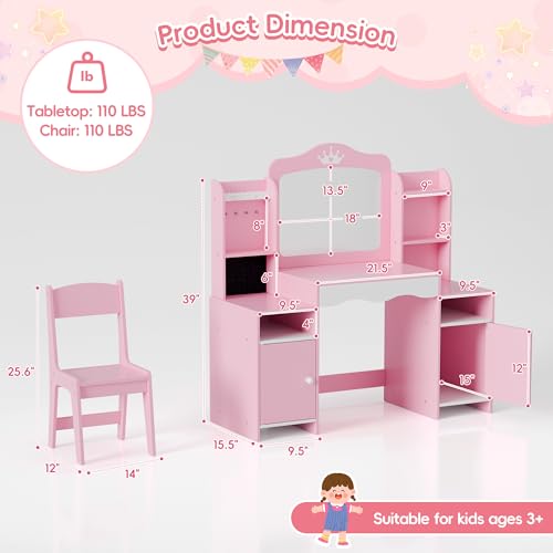 MU Kids Vanity, Girl Vanity Set with Mirror and Stool, 2 in 1 Toddler Makeup Vanity Table with Jewelry Storage, Wooden Princess Makeup Desk Dressing Table for Little Girls, (Pink) - color: Pink
