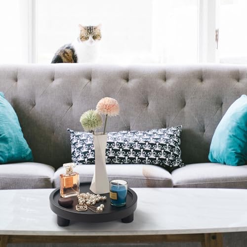 2 Pcs Wood Riser for Display, Round Wooden Tray Decor, Farmhouse Pedestal Stand, Decorative Riser Tray for Kitchen or Bathroom Counter, Black