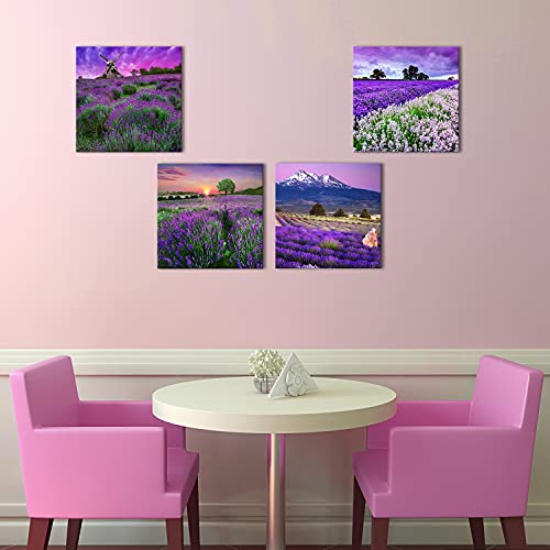 Lavender Flowers Wall Art Decor Canvas Prints Purple Floral Pictures Painting Artwork Framed 16x16 Inch 4 Panels Modern Landscape Still Life Photos Home Decoration Ready to Hang Bedroom Bathroom - color: Purple Lavender, size: 16"l X 16"w