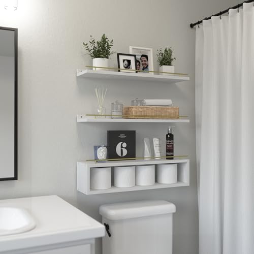 WOPITUES Floating Shelves for Wall 24 inch with Cube Shelf, Wall Shelves with Metal Rail for Decor, Bathroom Organizers and Storage, Over Toilet Shelves for Bathroom, Toilet Paper-White&Gold - color: Gold & White, size: 23.6 inch