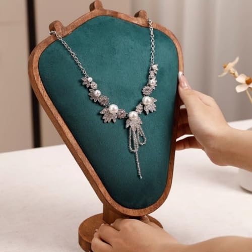 Walnut Color Body Wood Necklace Display Stand with Green Flannelette Soft Mat Necklace Holder Organizer Desktop Stand for Home Store Dresser-4.45"x8.4"x12" - color: Walnut-Green, size: 4.45"x8.4"x12"
