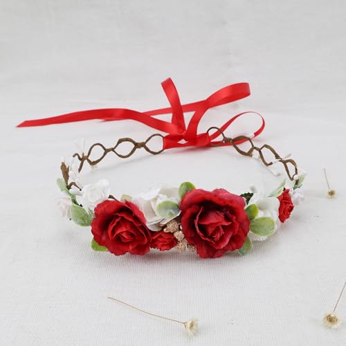 Flower Girl Flower Crown Pink Baby Girls Floral Headpieces Kids Headband Children Hair Wreath Photo Prop (Dark Red-Child Size) - color: Dark Red