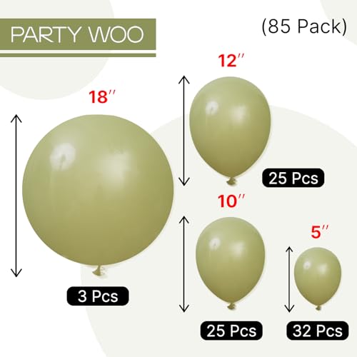 PartyWoo Sage Green Balloons 85pcs Different Sizes of 18 12 10 5 Inch Olive Boho Green Latex Balloon Arch Kit for Wedding Birthday Dinosaur Jungle Golf Football Theme Party Decorations Green-F11 - color: Green-f11