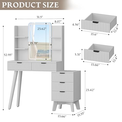 Vanity Desk With HD Lighted Mirror and Lights, Fluted Small Makeup Vanity with Storage Drawers & Shelves, Modern Dressing Table Set with Power Outlet & Glass Table Top for Women Girls Bedroom, White - color: White, size: 5 Drawers