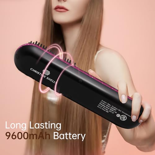 Hair Straightener Brush, Portable Cordless Mini Straightening Brush for Travel, Negative Ion Hot Comb Hair Straightener with 9 Temps for Women, Anti-Scald Ceramic, Fast Charge - color: A-black With Rose Red