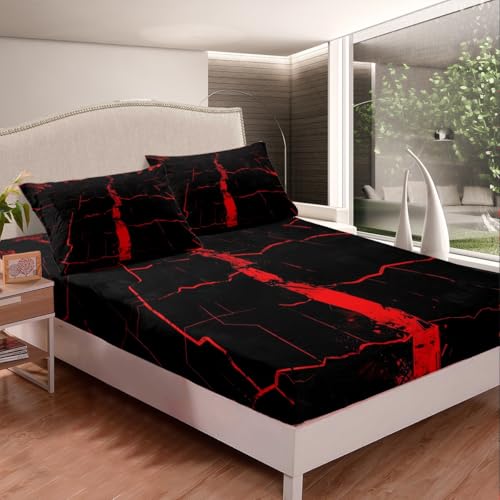 jejeloiu Black Red Marble Fitted Sheet Twin Size Kids Modern Marble Aesthetic Bed Sheets Set for Boys GirlsRetro Watercolor Artwork Bedding SetAbstract Crack Texture Bedroom Decor - color: Black Light Red, size: Twin
