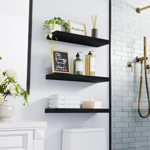 BAYKA Floating Shelves for Wall, Wall Mounted Rustic Wood Shelves for Bathroom, Bedroom, Living Room, Kitchen, Hanging Shelf for Books/Storage/Room Decor with 22lbs Capacity (Black, Set of 3, 15.7in) - color: A. Black - Universal Classic Style, size: 15.7
