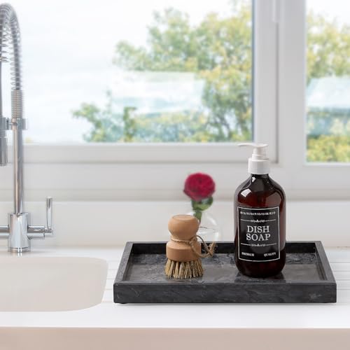 Large Marble Vanity Tray, Luxury Stone Organizer for Bathroom & Kitchen Counter | Holds Soap Dispenser, Jewelry, Perfume Bottles | Non-Resin, Non-Ceramic Décor - color: Black, size: 11.8" x 7.8" x 1.2"