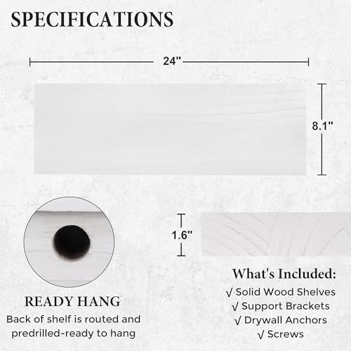 Axeman Floating Shelves, 2 Pack 8 Inch Deep Rustic Solid Wood Wall Shelves for Storage, Wall Mounted Display Shelving with Invisible Heavy-Duty Metal Bracket, 24" W x 8" D x 1.6" H, Distressed White - color: Distressed White, size: 24" W, 2-Pack