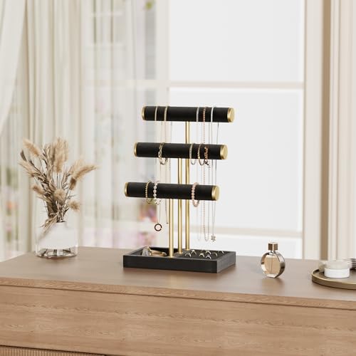 bussdis 3 Tier Bracelet Holder Display - Detachable T Bar Black Velvet Bracelet Holder, Jewelry Holder Organizer for Bracelet, Necklace, Watches, Rings - color: Black, size: Standard