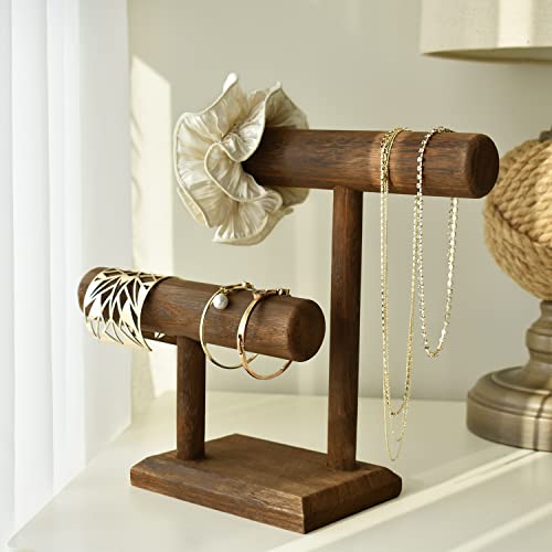 Ikee Design 2 Tier Wooden Jewelry Bracelet Watch Display Tower, Bangle Scrunchie Necklace Holder Storage Stand, 7.9 W x 4.3 D x 9.4 H in, Brown Color - color: Brown