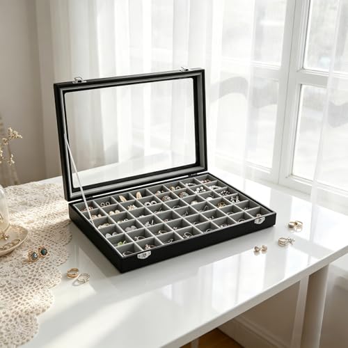 Stratalife Jewelry Organizer 48 Grid Jewelry Tray with Clear Lid Dust-proof Velvet Earring Organizer Necklace Rings Holder Display Drawer Storage Case for Women Gray Black - color: Gray-Black, size: 48 Grid