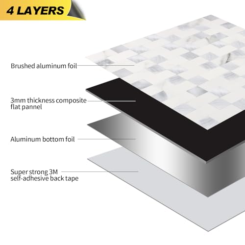 Yipscazo Peel and Stick Backsplash Tile, Stick on Stainless Steel Backsplash Metal Tiles for Kitchen Walls in Marble White Mixed Metal (12''x12'',10 Sheets) - color: Marble White mixed Metal