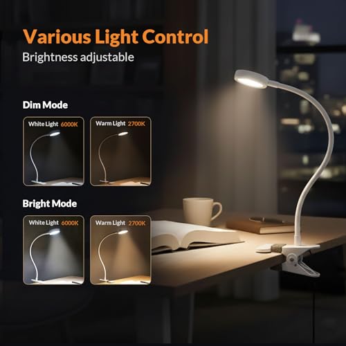 LEPOWER Clip on Light/Reading Lights/Book Light Color Changeable/Night Lights Clip on for Desk, Bed Headboard and Computers, Adapter Included (White) - color: White
