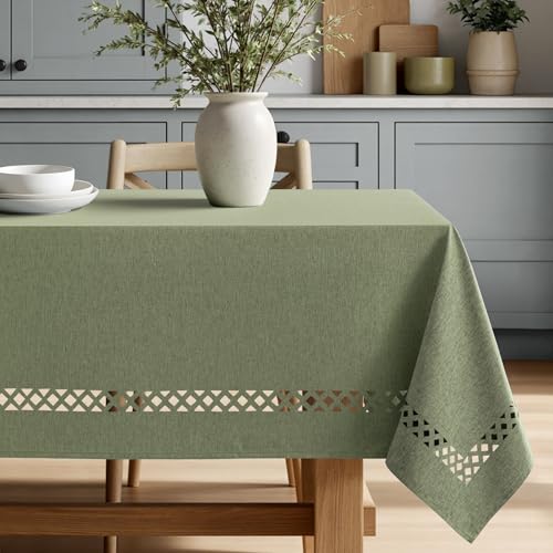 MIULEE Sage Green Rectangle Linen Polyester Tablecloth with Decorative Cutouts Spring Waterproof Stain Resistant & Shrink-Proof Table Cloth 60x120 inch Farmhouse Style for Dining Wedding Party - color: Sage Green, size: 120" x 60" (Rectangular)