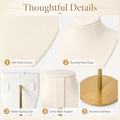 Necklace Display Stand For Selling Velvet Chain Jewelry Bust Holder Organizer With Stainless Steel Stand Jewelry Display - color: Beige-White-7.08in