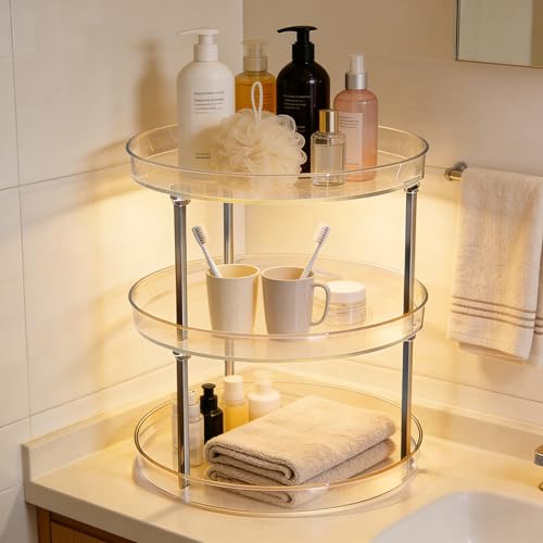 Rotating Makeup Organizer for Vanity Perfect Clear Round 3 Tier Perfume Skincare Cosmetic Stand Bathroom Countertop Storage 9.25" - size: Three Tiers