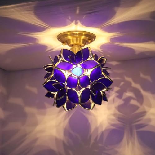 Bieye L11017 Flower Petals Tiffany Style Stained Glass Close to Ceiling Light for Home Decor (Cobalt Blue, 8" Rose Lily) - color: Cobalt Blue, size: 8" Rose Lily