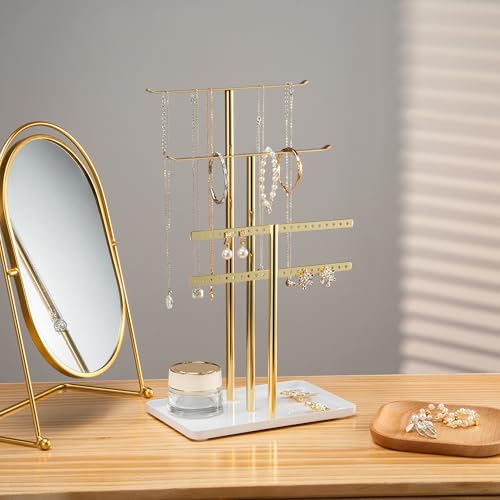 pickpiff Jewelry Stand Holder Organizer: 14.5" Sturdy Hanger for 80 Pcs Jewelry, Jewlery Tower for Display Necklace, Earring, Bracelet, Watch, Mirrored Gold - color: Mirrored Gold, size: 14.5" Height