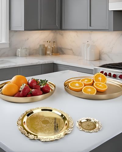 Quluxe Vintage Round Metal Food Serving Tray, 2 Pcs Reusable Decorative Appetizer Platter for Kitchen, Party, Centerpiece Display- Gold (4 Inch+10 Inch) - color: Gold, size: 4" & 10"
