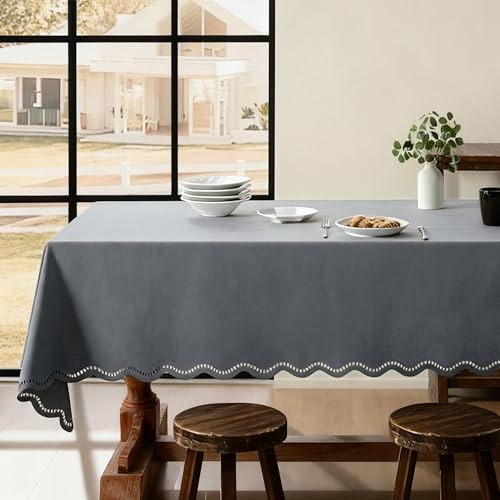 Outdoor Rectangle Tablecloth Linen Textured Waterproof & Stain Resistant Large Table Cloth Boho Decorative Scalloped Cutouts Farmhouse Table Cover for Dining, Parties and Camping, 55 x 120 Inch, Grey - color: Grey, size: 120" x 55" (Rectangular)