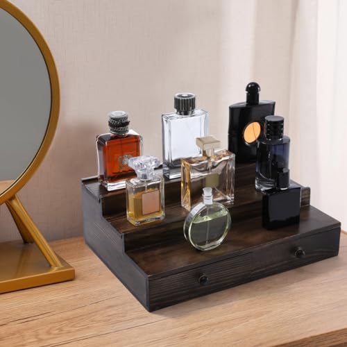 Boulphia Cologne Organizer for Men, 3-Tier Cologne Stand with Drawer and Hidden Compartment, Wooden Cologne Shelf for Perfume Display Holder, Great Gifts for Men, Vintage - color: Vintage