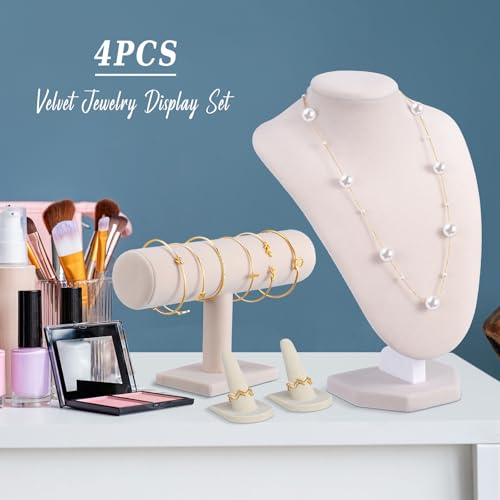 Wenqik 4 Pcs Velvet Jewelry Display Set Velvet Necklace Bust Holder Bracelet Organizer 2 Ring Finger Jewelry Holder - color: Linen Color
