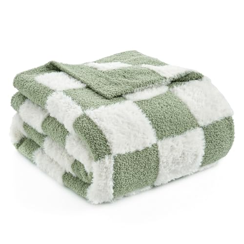 Snuggle Sac Sage Green Checkered Throw Blanket Faux Fur Knitted with Microfiber Yarn, Cozy Soft Warm Spring Blankets for Couch,Sofa,Bedroom,Sage Green Checker,50x60 inches - color: Green White, size: Throw(50"x60")