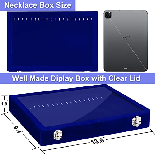 Jenseits Jewelry Display Box For Necklace Organizer, Velvet Necklace Storage Tray For Drawer, 20 Hooks Large Velvet Showcase Holder, Jewelry Organizer With Transparent Lid, Gifts For Her - Blue - color: 1-Blue