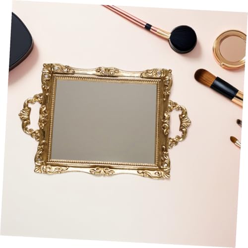 Retro Carved Nordic Style Storage Mirror Tray Golden Vintage Decorative Plate for Wedding Party Makeup Vanity Organizer Resin Glass Material Elegant Photo Prop and Home