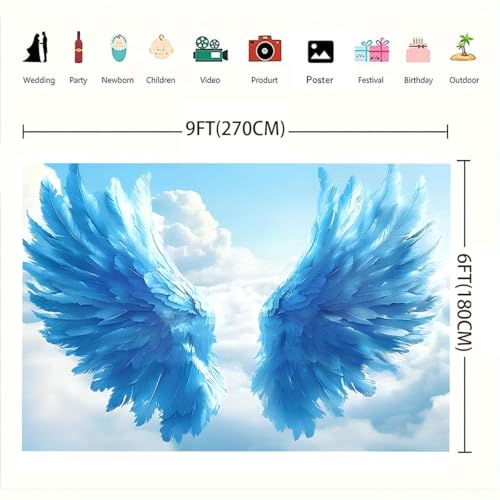 Blue Big Angel Wings Backdrop Fantasy Sky White Cloud Holy Heaven Sent Baby Shower Decorations for Adult Birthday Wedding Party Decoration Boy Girl Artistic Portrait Photo Studio Props (A, 9X6FT) - color: A, size: 9X6FT