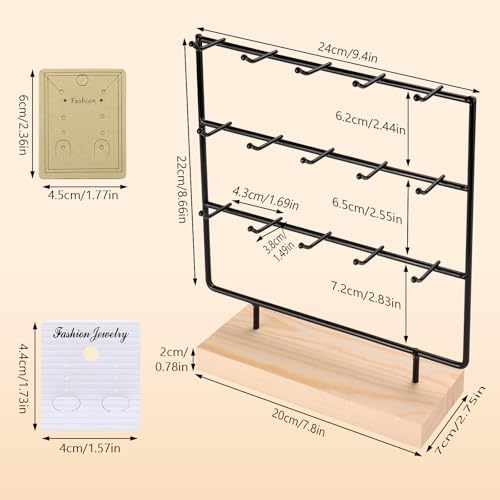 Earring Display Stands for Selling, 3 Tier 15 Hooks Wood Jewelry Organizer Rack for Earrings, Necklaces, Rings, Bracelets, Keychains - Compact for Countertop, Boutique, Trade Shows (Black)