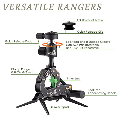 Camera Clamp Mount Tabletop C Clamp Mount Stand with Phone Holder, 360°Rotatable Mini Ball Head and 1/4" Screew Quick Release Clamp for GoPro/Brinno/DSLR/MILC/SLR Camera and Smartphone - style: T1-PLUS